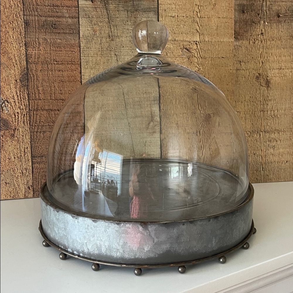 Large Galvanized Metal Base Cake Stand with Glass Dome